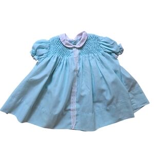 Vintage 1980s Polly Flinders pastel teal collared smocked dress